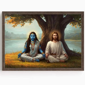 Kali meditating with Jesus Christ, Jesus meditating along with Kali, Religious Print, God is one, Digital Print of Kali