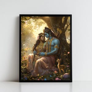 May include: A painting of a couple embracing in a forest setting. The man is blue-skinned and has a crown of flowers on his head. The woman is wearing a pink and gold dress. A small deer is standing in the foreground.