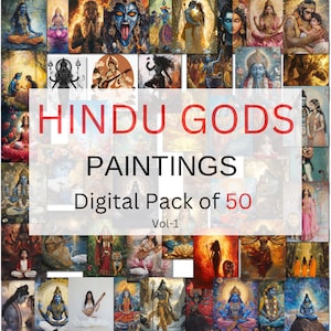 50 Hindu Gods Paintings Digital Pack Vol 1, Lakshmi, Saraswati, Krishna, Shiv, Kali, Hanuman, Ram, Vishnu, Durga, Brahma, Instant download
