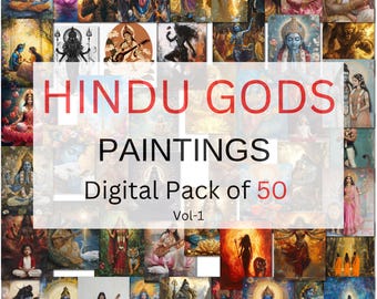 50 Hindu Gods Paintings Digital Pack Vol 1, Lakshmi, Saraswati, Krishna, Shiv, Kali, Hanuman, Ram, Vishnu, Durga, Brahma, Instant download