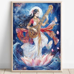 Saraswati, Goddess Saraswati, Goddess of Knowledge, Saraswati Art, Hindu Goddess, Indian Goddess, Digital Print of Saraswati