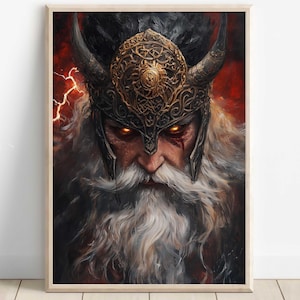 Odin Wall Art, Norse Mythology Decor, Viking God Artwork, All-Father Poster, Nordic Wall Art, Odin with Ravens and Wolves, Norse Home Decor