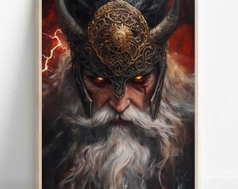 Odin Wandkunst, nordische Mythologie, Wikinger Gott Kunstwerk, All-Vater Poster, nordische Wandkunst, Odin mit Raben und Wölfen, nordische Wohndekoration