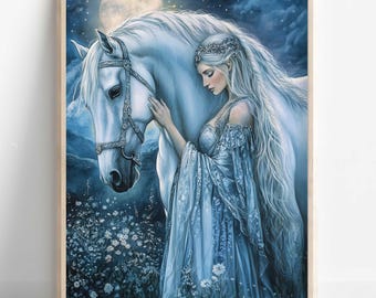 Rhiannon Celtic Goddess Wall Art, Welsh Mythology Print, Goddess of Horses and Enchantment, Celtic Tonalism Decor, Feminine Pagan Artwork