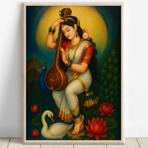 Saraswati, Goddess Saraswati, Goddess of Knowledge, Saraswati Art, Hindu Goddess, Indian Goddess, Digital Print of Saraswati