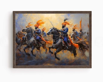May include: A painting depicting a group of men on horseback riding through a field. The men are wearing colorful turbans and robes, and the horses are brown and black. The painting is set against a backdrop of a bright blue sky and green grass.