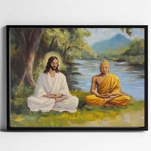 El Señor Buda meditando con Jesucristo, Jesús meditando junto con Buda, Impresión religiosa, Dios es uno, Impresión digital de Buda