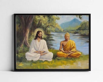 Lord Buddha meditating with Jesus Christ, Jesus meditating along with Buddha, Religious Print, God is one, Digital Print of Buddha
