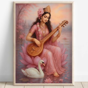 Saraswati, Goddess Saraswati, Goddess of Knowledge, Saraswati Art, Hindu Goddess, Indian Goddess, Digital Print of Saraswati