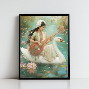 Saraswati, Goddess Saraswati, Goddess of Knowledge, Saraswati Art, Hindu Goddess, Indian Goddess, Digital Print of Saraswati