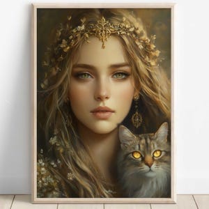 Freyja Wall Art, Norse Mythology Decor, Viking Goddess, Goddess of Love and War Poster, Nordic Wall Art, Freyja with Cats and Brísingamen