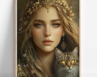 Freyja Wandkunst, nordische Mythologie, Wikingergöttin, Göttin der Liebe und des Friedens Poster, Freyja mit Katzen und Brísingamen