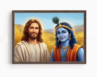 May include: A painting of Jesus and Krishna standing side-by-side. Jesus is wearing a white robe and has long brown hair and a beard. Krishna is wearing a blue and orange robe and has long blue hair and a peacock feather in his hair.