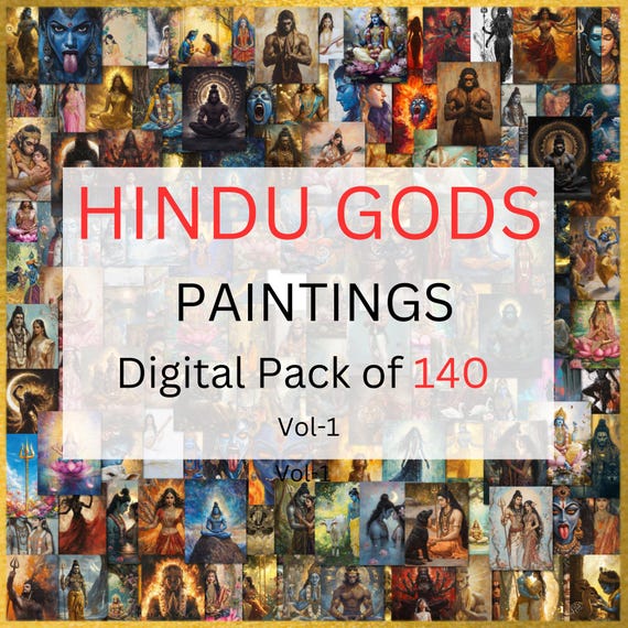 140 Hindu Gods Paintings Digital Pack Vol 1, Lakshmi, Saraswati, Krishna, Shiv, Kali, Hanuman, Ram, Vishnu, Durga, Brahma, Instant download