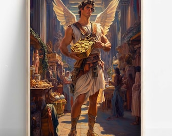 Arte mural de Hermes, Mensajero de los dioses, comercio, ladrones, póster de dioses griegos, decoración de dioses griegos, arte mural de dioses griegos, arte del dios griego Hermes