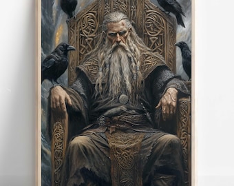 Odin Wandkunst, nordische Mythologie, Wikinger Gott Kunstwerk, All-Vater Poster, nordische Wandkunst, Odin mit Raben und Wölfen, nordische Wohndekoration