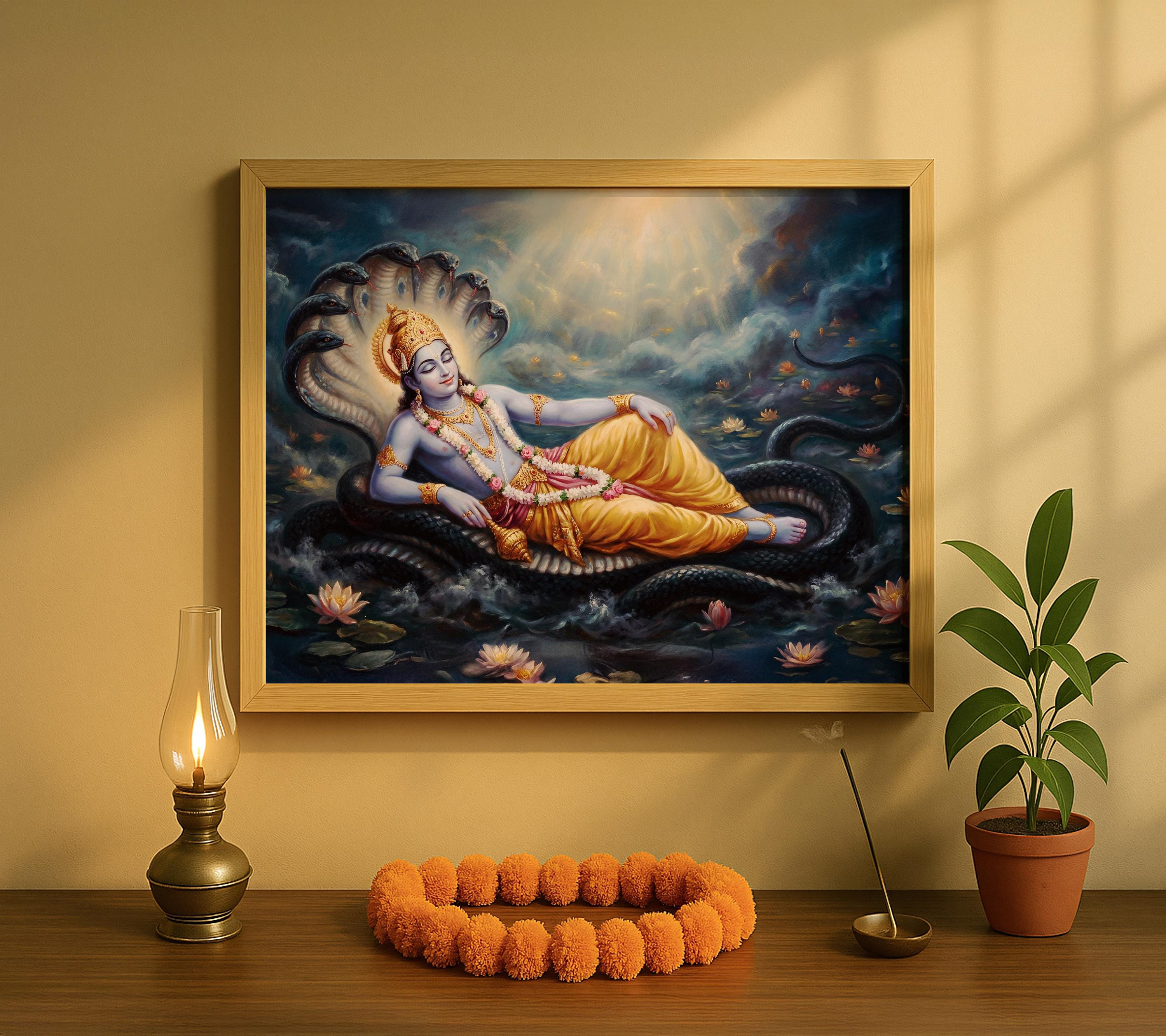 Lord Vishnu Anant Shesha Wall Art, Vishnu Sleeping on Sheshnag Painting ...