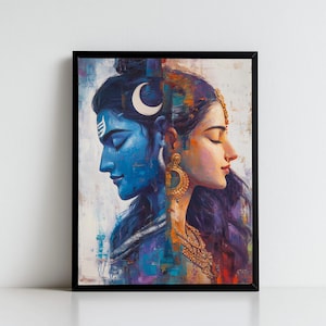 May include: A painting of a Hindu deity Shiva and his consort Parvati. Shiva is depicted with blue skin and a third eye, while Parvati has long black hair and is adorned with jewelry. The painting is done in a colorful style with abstract brushstrokes.