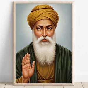 Guru Nanak Dev, Erster Sikh Guru (1469-1539), Sikh Kunst, Vintage religiöse Malerei, spirituelle Wandkunst, Sikh Digitale Malerei