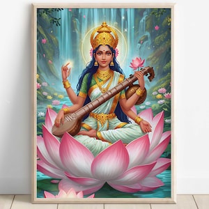 Saraswati, Goddess Saraswati, Goddess of Knowledge, Saraswati Art, Hindu Goddess, Indian Goddess, Digital Print of Saraswati