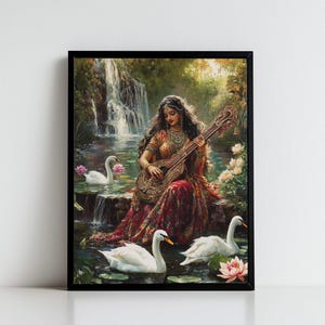 Saraswati, Goddess Saraswati, Goddess of Knowledge, Saraswati Art, Hindu Goddess, Indian Goddess, Digital Print of Saraswati