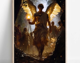 Arte mural de Hermes, Mensajero de los dioses, comercio, ladrones, póster de dioses griegos, decoración de dioses griegos, arte mural de dioses griegos, arte del dios griego Hermes