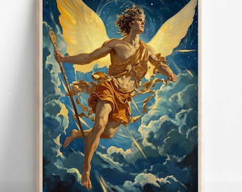 Arte mural de Hermes, Mensajero de los dioses, comercio, ladrones, póster de dioses griegos, decoración de dioses griegos, arte mural de dioses griegos, arte del dios griego Hermes