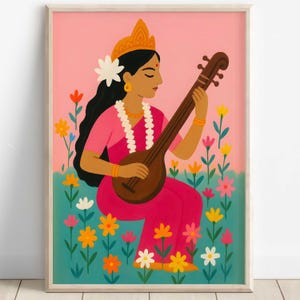 Saraswati, Goddess Saraswati, Goddess of Knowledge, Saraswati Art, Hindu Goddess, Indian Goddess, Digital Print of Saraswati