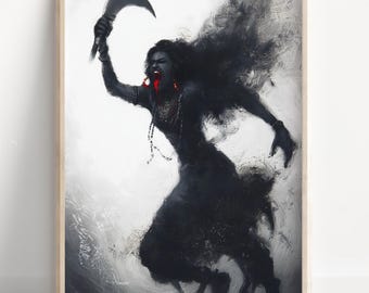 Impresión digital de arte moderno de la diosa oscura Kali / Poderosa pintura de mitología hindú / Lienzo de decoración de pared espiritual / Energía femenina divina