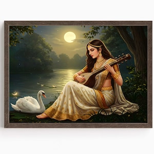 Saraswati, Goddess Saraswati, Goddess of Knowledge, Saraswati Art, Hindu Goddess, Indian Goddess, Digital Print of Saraswati