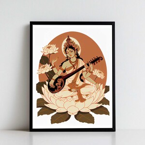 Saraswati, Goddess Saraswati, Goddess of Knowledge, Saraswati Art, Hindu Goddess, Indian Goddess, Digital Print of Saraswati
