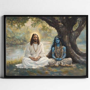 Kali meditating with Jesus Christ, Jesus meditating along with Kali, Religious Print, God is one, Digital Print of Kali