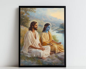 Peut inclure: Une peinture représentant deux hommes assis en position de méditation. L'homme à gauche porte une robe blanche et a de longs cheveux bruns et une barbe. L'homme à droite porte une robe bleue et jaune et a de longs cheveux noirs. L'arrière-plan est un paysage avec une rivière et des arbres.