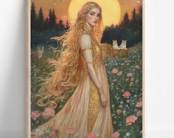 Freyja Wandkunst, nordische Mythologie, Wikingergöttin, Göttin der Liebe und des Friedens Poster, Freyja mit Katzen und Brísingamen