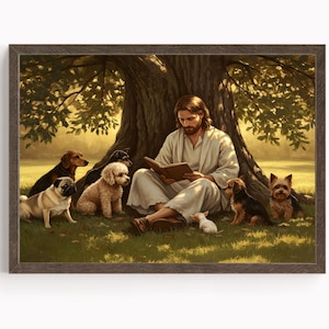 Christian Art, Jesus reading to Dogs, Jesus Christ with Dogs, Bible Art, Jesus Christ Painting, Jesus Christ, Digital Art of Jesus