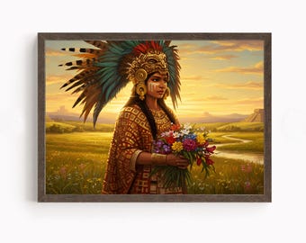 Azteekse kunst aan de muur, Xochiquetzal-kunst, decor Azteekse godin van de schoonheid, Azteekse mythologiekunstwerk, Mexicaanse Azteekse kunst, godin van liefde en vruchtbaarheid