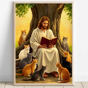 Christian Art, Jesus reading to Cats, Jesus Christ with Cats, Bible Art, Jesus Christ Painting, Jesus Christ, Jesus will save you