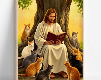 Christian Art, Jesus reading to Cats, Jesus Christ with Cats, Bible Art, Jesus Christ Painting, Jesus Christ, Jesus will save you