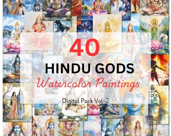 40 hindoeïstische goden aquarel schilderijen digitaal pakket vol 2, Lakshmi, Saraswati, Krishna, Shiv, Kali, Hanuman, Ram, Vishnu, Durga, Brahma
