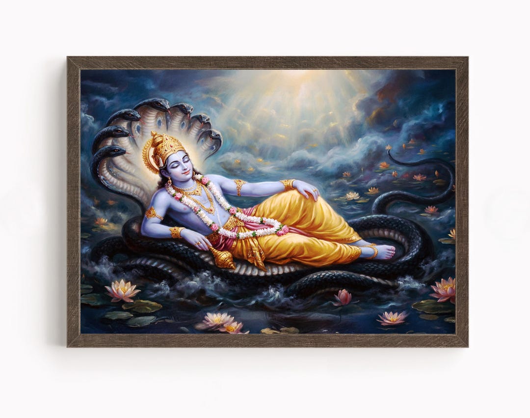 Lord Vishnu Anant Shesha Wall Art, Vishnu Sleeping on Sheshnag Painting ...