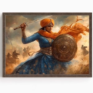 May include: A woman in a blue and orange outfit holds a sword and shield, standing in a field with a golden sunset in the background.