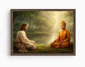 Lord Buddha meditating with Jesus Christ, Jesus meditating along with Buddha, Religious Print, God is one, Digital Print of Buddha