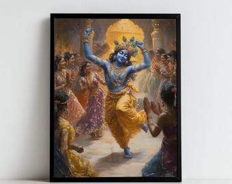 Krishna Art, Danza con le Gopi, Dipinto di Krishna, Dio indù, Dio indiano, Stampa digitale di Krishna