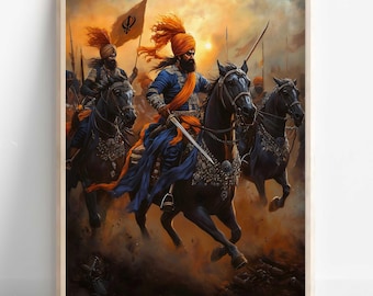 May include: A painting depicting a group of warriors on horseback, riding through a dusty landscape. The warriors are wearing colorful turbans and traditional clothing. The scene is set against a backdrop of a fiery sunset.