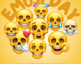 Skull Emoji Clipart Bundle PNG – Funny 3D Skull Faces, Party, Crown, Flower, Magnifier, Digital Download