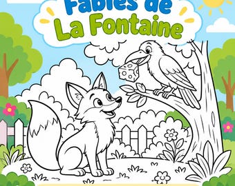 May include: A coloring book cover titled Fables de La Fontaine featuring a line art fox and a crow holding a piece of cheese on a tree branch. The background shows a colorful outdoor scene with trees, flowers, and a sun. Text reads 22 pages à colorier • PDF à imprimer.