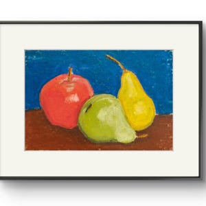 Natura morta originale di frutta pastello - mela e pere su carta di cotone fatta a mano, bordo frastagliato 6x8,5"