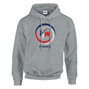 May include: A grey hooded sweatshirt with a white, blue and red logo featuring a rooster and the word "FRANCE".