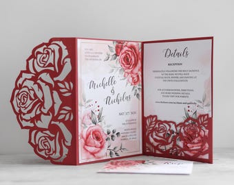Svg wedding invitation template with rose flowers, Cricut trifold quinceanera sweet 16 invites envelope 5x7 laser cut papercut cameo dxf pdf