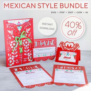Pacchetto di modelli in stile messicano cricut svg, invito di nozze gatefold Papel picado, Rsvp, segnaposto, menu Fiesta lasercut, svg dxf pdf ai